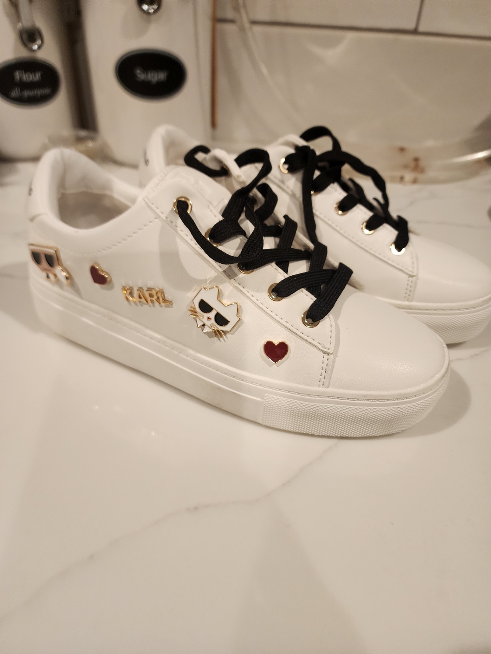 Karl Lagerfeld Cate Pins White Sneakers with Black Laces and Gold Accents